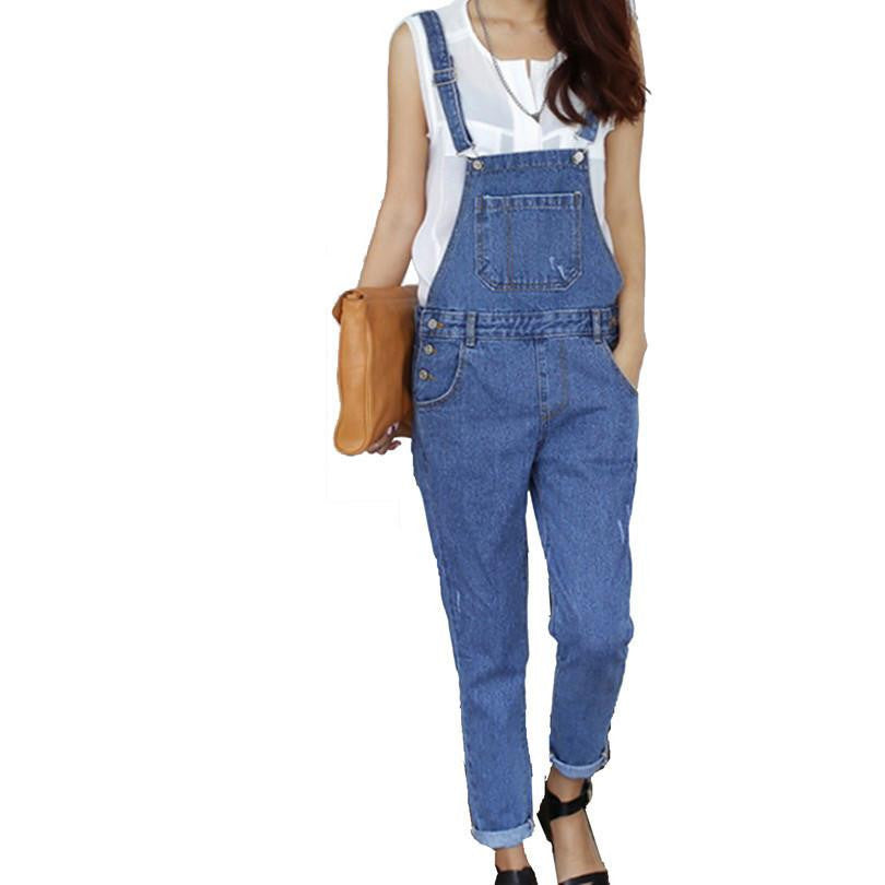 Scratched Big Pocket Rompers Vintage Style All Match Strap Jean Overall Retro Color Loose Waist Denim Jumpsuits