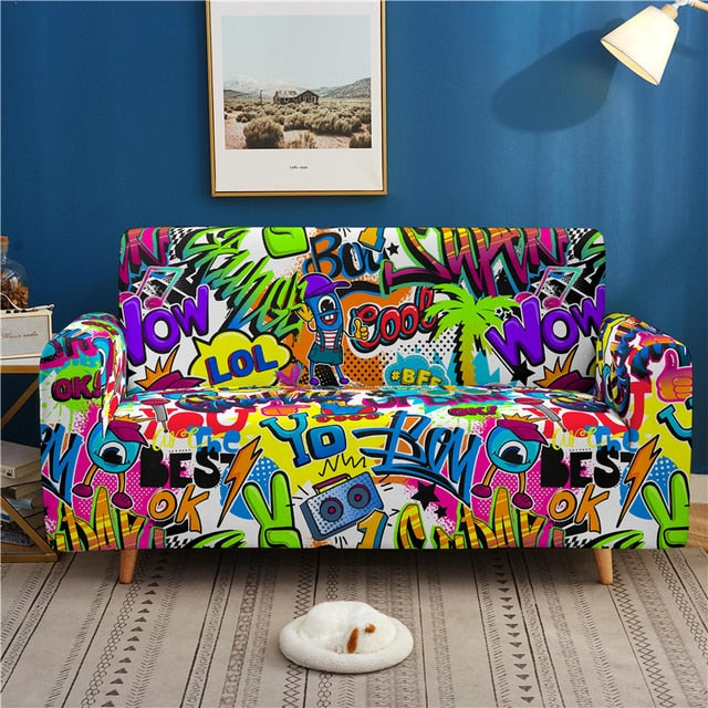 3D Hip-hop Print Elastic Sofa Cover Graffiti Stretch Couch Cover for Living Room Armchair Slipcover