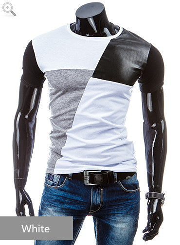 Online discount shop Australia - Mens T Shirts PU Leather Sleeve O-Neck Fashion Slim Fit Casual Patchwork Short Sleeve T Shirt T103