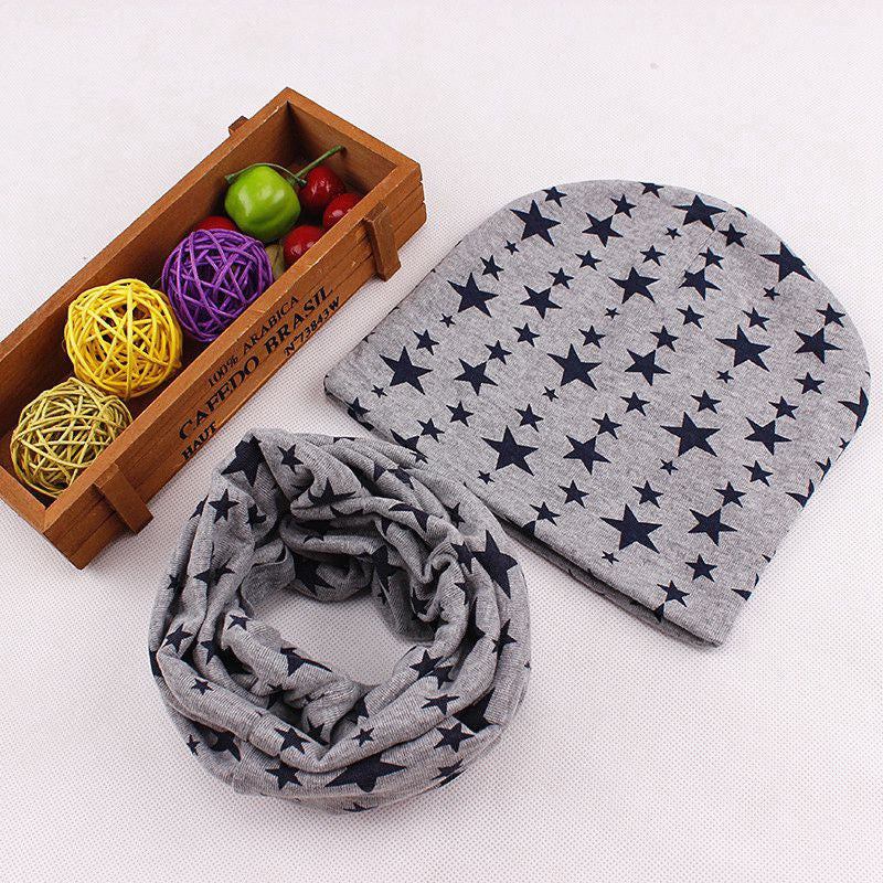 Online discount shop Australia - baby Girls Boys star print neck warmer Scarf & Beanie set elastic cotton hat scarves for 1-3 years children kids