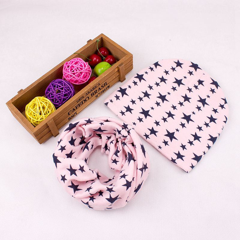 Online discount shop Australia - baby Girls Boys star print neck warmer Scarf & Beanie set elastic cotton hat scarves for 1-3 years children kids
