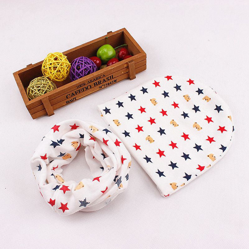 Online discount shop Australia - baby Girls Boys star print neck warmer Scarf & Beanie set elastic cotton hat scarves for 1-3 years children kids