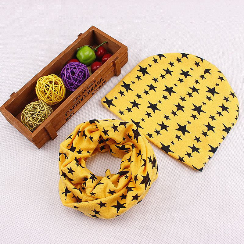 Online discount shop Australia - baby Girls Boys star print neck warmer Scarf & Beanie set elastic cotton hat scarves for 1-3 years children kids