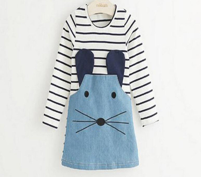 Online discount shop Australia - Casual style long sleeve Striped lovely little mouse design girls dress children clothing