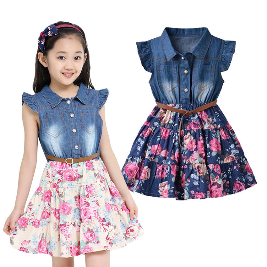 Online discount shop Australia - Dresses For Girls Cotton Children Clothing Denim Baby Clothes Floral Short Sleeve Kids Clothes For Girls Princess Dress