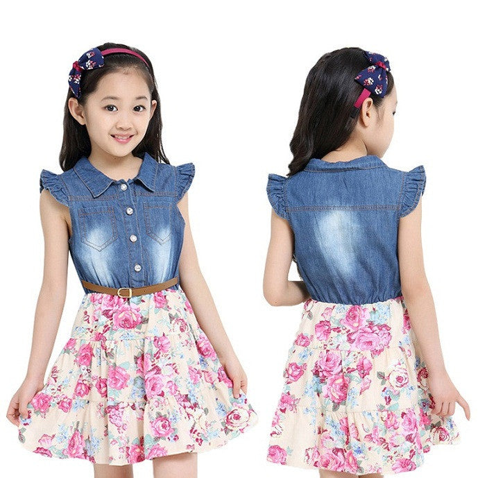 Online discount shop Australia - Dresses For Girls Cotton Children Clothing Denim Baby Clothes Floral Short Sleeve Kids Clothes For Girls Princess Dress