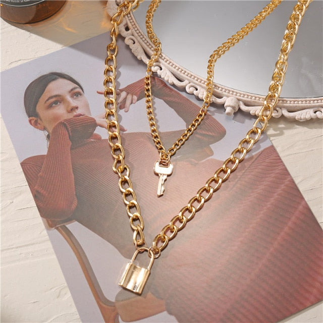 17KM Gothtic Gold Lock Chunky Chain Necklace For Women Men Big Chain Unlockable Lock Key Pendant Necklaces Exaggerated Jewelry