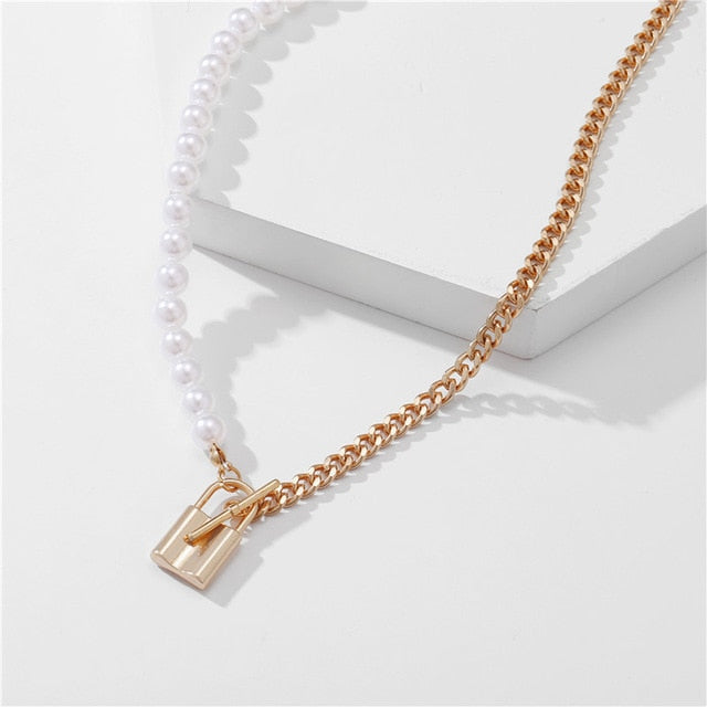 17KM Gothtic Gold Lock Chunky Chain Necklace For Women Men Big Chain Unlockable Lock Key Pendant Necklaces Exaggerated Jewelry