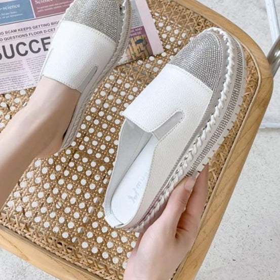 Crystals Round Toe Leather Flats Shoes Women Silver Bling Loafers Couple Platform Shoes Woman Flat With Students Size 43