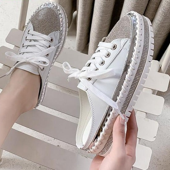 Crystals Round Toe Leather Flats Shoes Women Silver Bling Loafers Couple Platform Shoes Woman Flat With Students Size 43