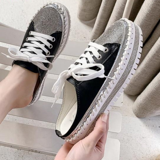 Crystals Round Toe Leather Flats Shoes Women Silver Bling Loafers Couple Platform Shoes Woman Flat With Students Size 43