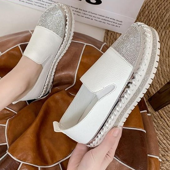 Crystals Round Toe Leather Flats Shoes Women Silver Bling Loafers Couple Platform Shoes Woman Flat With Students Size 43