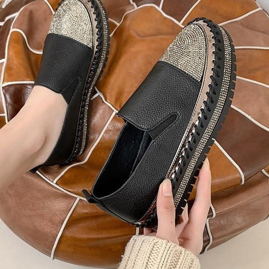 Crystals Round Toe Leather Flats Shoes Women Silver Bling Loafers Couple Platform Shoes Woman Flat With Students Size 43