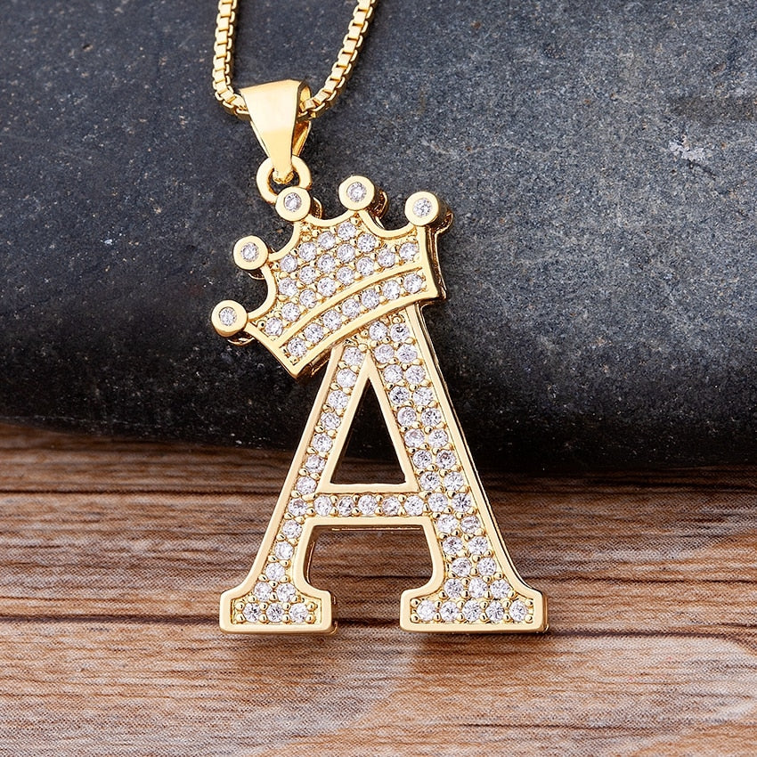 Luxury Copper Zircon A-Z Crown Alphabet Pendant Chain Necklace Punk Hip-Hop Style Fashion Woman Man Initial Name Jewelry
