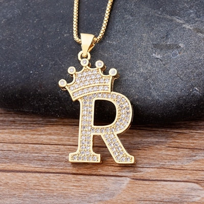 Luxury Copper Zircon A-Z Crown Alphabet Pendant Chain Necklace Punk Hip-Hop Style Fashion Woman Man Initial Name Jewelry