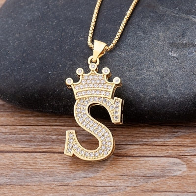 Luxury Copper Zircon A-Z Crown Alphabet Pendant Chain Necklace Punk Hip-Hop Style Fashion Woman Man Initial Name Jewelry