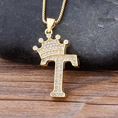 Luxury Copper Zircon A-Z Crown Alphabet Pendant Chain Necklace Punk Hip-Hop Style Fashion Woman Man Initial Name Jewelry