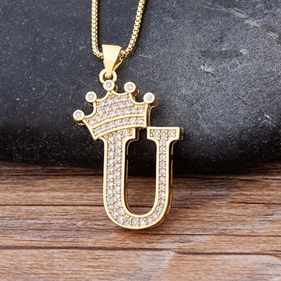 Luxury Copper Zircon A-Z Crown Alphabet Pendant Chain Necklace Punk Hip-Hop Style Fashion Woman Man Initial Name Jewelry