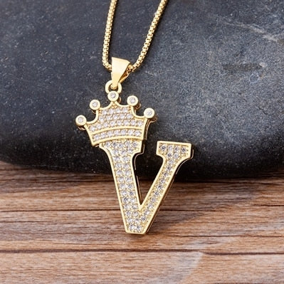 Luxury Copper Zircon A-Z Crown Alphabet Pendant Chain Necklace Punk Hip-Hop Style Fashion Woman Man Initial Name Jewelry