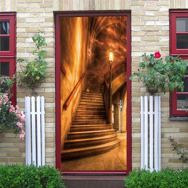 Landscape Door Stickers 3D Removable Adhesive Wallpaper Art Murals for Doors Bibliotheque Modern Home Decor