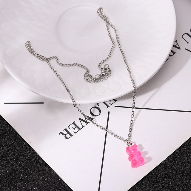 Candy Color Stars Hearts Gummy Mini Bear Chain Necklaces for Women Cute Crtoon Animal Pendants Jewelry