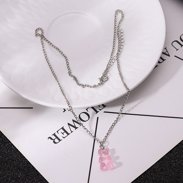 Candy Color Stars Hearts Gummy Mini Bear Chain Necklaces for Women Cute Crtoon Animal Pendants Jewelry