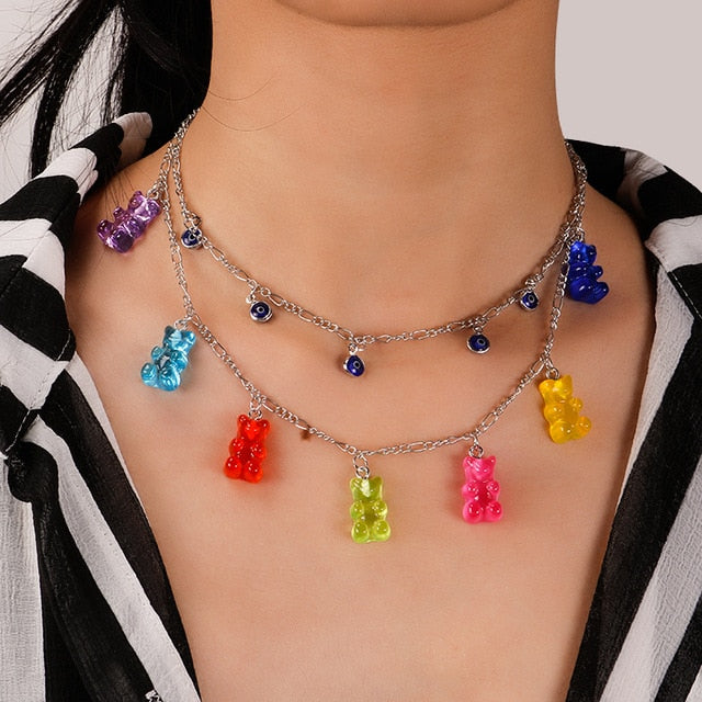 Candy Color Stars Hearts Gummy Mini Bear Chain Necklaces for Women Cute Crtoon Animal Pendants Jewelry