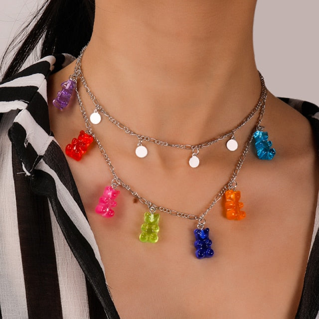 Candy Color Stars Hearts Gummy Mini Bear Chain Necklaces for Women Cute Crtoon Animal Pendants Jewelry