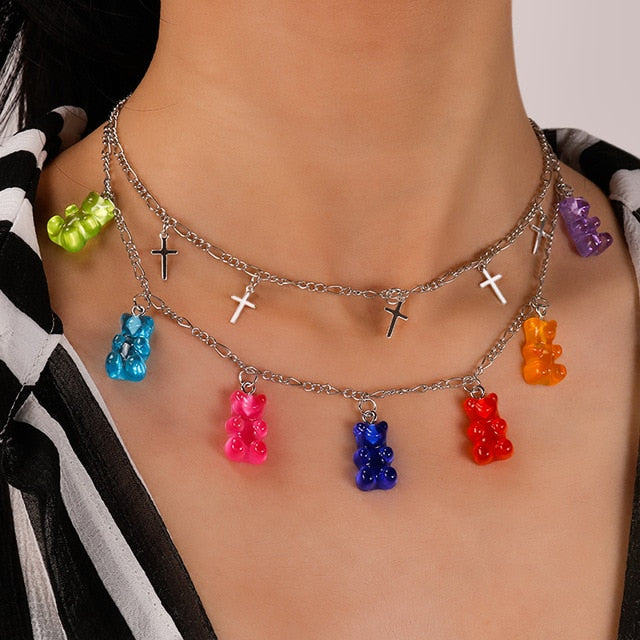Candy Color Stars Hearts Gummy Mini Bear Chain Necklaces for Women Cute Crtoon Animal Pendants Jewelry
