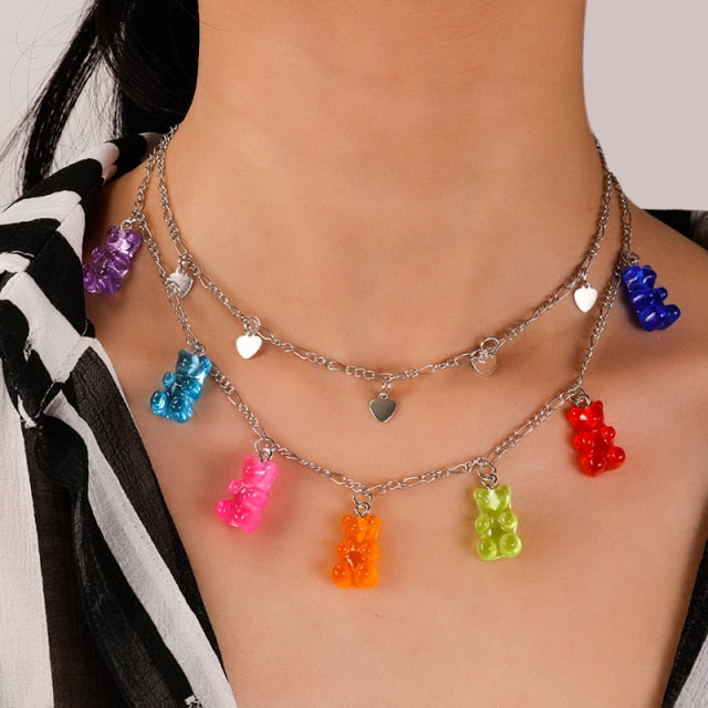 Candy Color Stars Hearts Gummy Mini Bear Chain Necklaces for Women Cute Crtoon Animal Pendants Jewelry