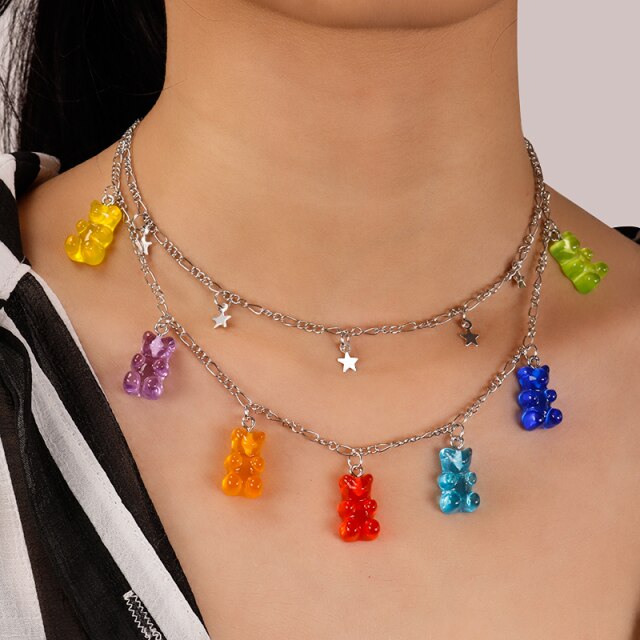 Candy Color Stars Hearts Gummy Mini Bear Chain Necklaces for Women Cute Crtoon Animal Pendants Jewelry