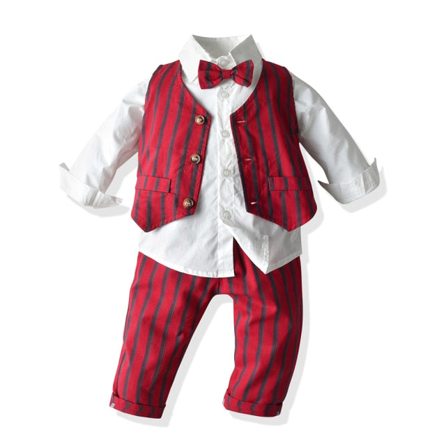 Boys Gentleman Clothing Set Cotton Long Sleeve Bowtie Shirt+Waistcoat+Pants 3Pcs Suit Kids Boy Casual Clothes Set