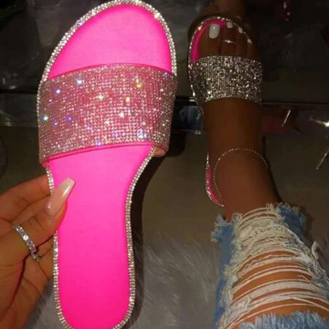 Glitter Slippers Women Summer Sandals Fashion Bling Female Candy Color Flip Flops Beach Diamond Flat Shoes Outdoor Sandals