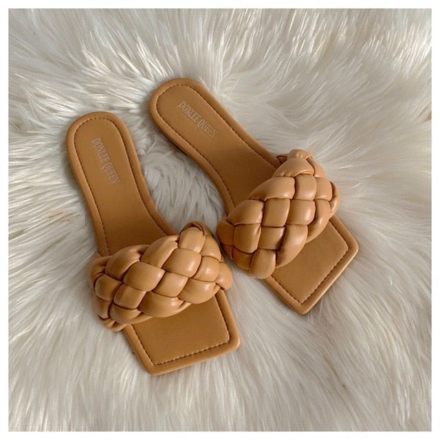 New Fashion Weave Slippers Women Square Toe Flat Casual Shoes Women Slide 2021 Summer Flip Flops Beach Sandal Slipper Big size41