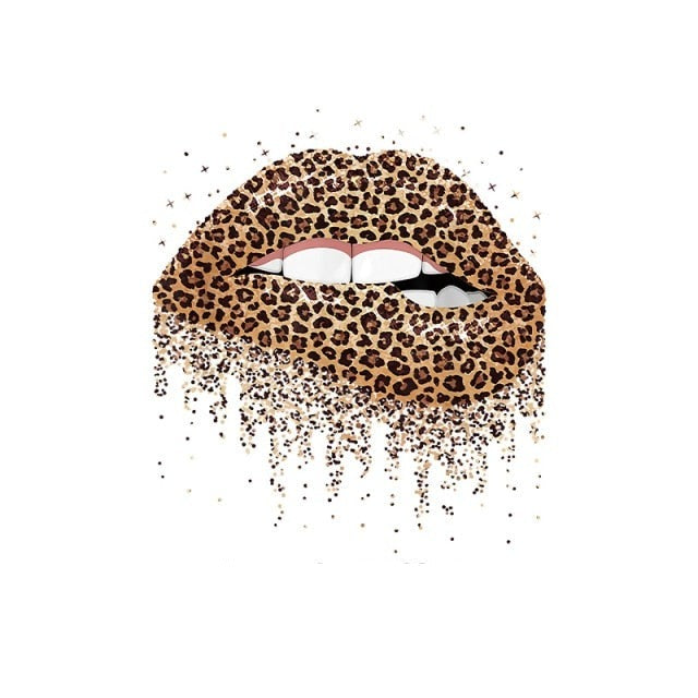 Leopard Print Lips Patches For Clothes Heat Transfer Thermal Stickers DIY Washable T-Shirts Iron On Transfer  Girls Lips Patches