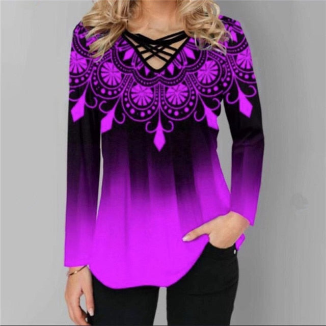 Oversized Blouses Long Sleeve Gradient Element Print Shirts Casual Cross V-Neck Ladies Tops