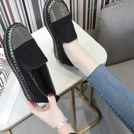 Crystals Round Toe Leather Flats Shoes Women Silver Bling Loafers Couple Platform Shoes Woman Flat With Students Size 43