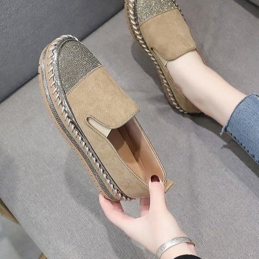 Crystals Round Toe Leather Flats Shoes Women Silver Bling Loafers Couple Platform Shoes Woman Flat With Students Size 43