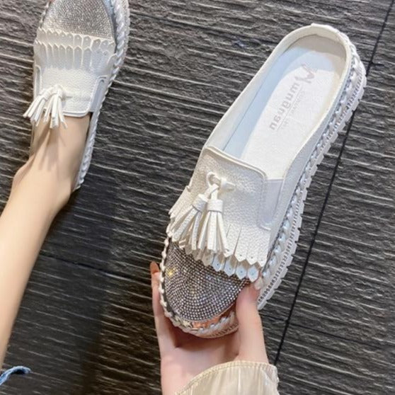 Crystals Round Toe Leather Flats Shoes Women Silver Bling Loafers Couple Platform Shoes Woman Flat With Students Size 43