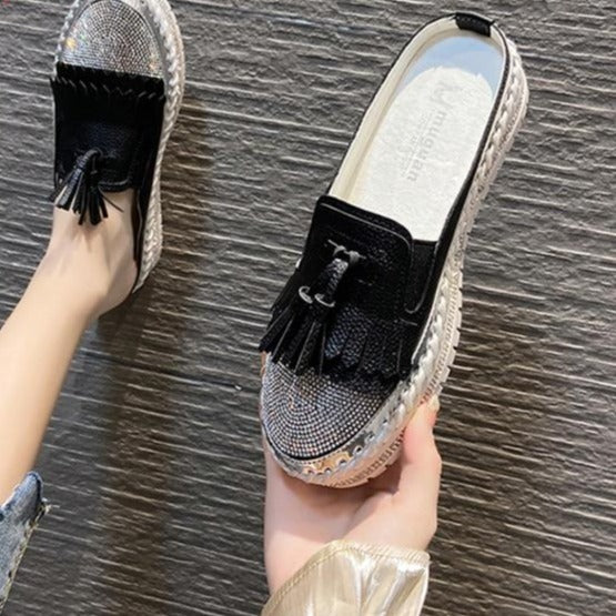 Crystals Round Toe Leather Flats Shoes Women Silver Bling Loafers Couple Platform Shoes Woman Flat With Students Size 43