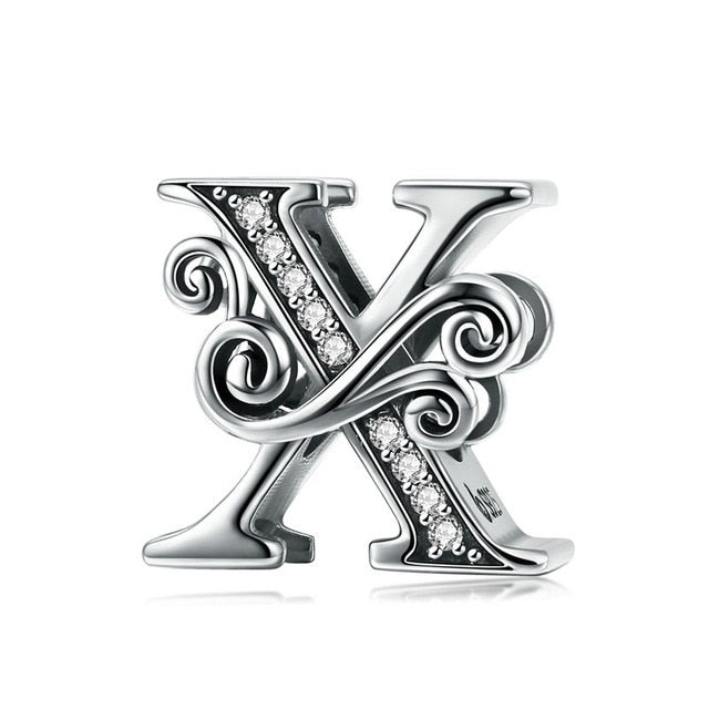 Silver Letter Vintage A to Z 26 Letter Charms Openwork CZ Alphabet Beads Fit Charm Bracelet BSC030