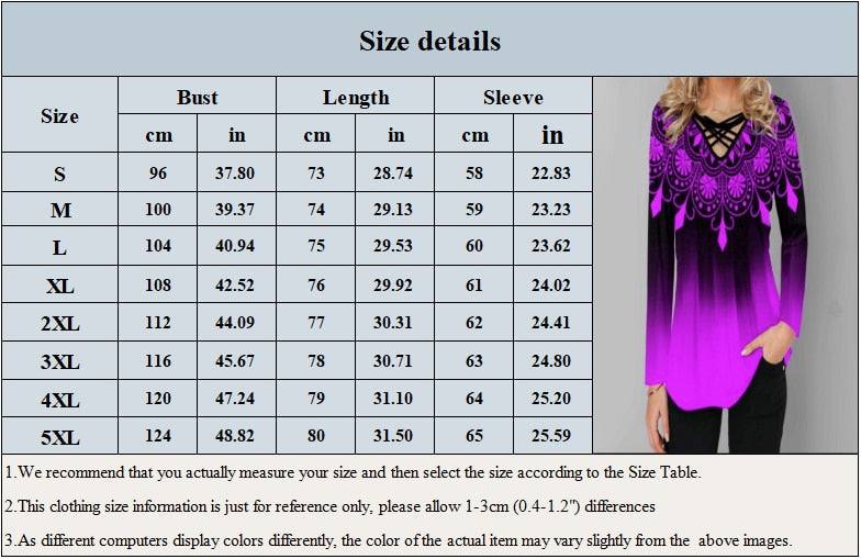 Oversized Blouses Long Sleeve Gradient Element Print Shirts Casual Cross V-Neck Ladies Tops