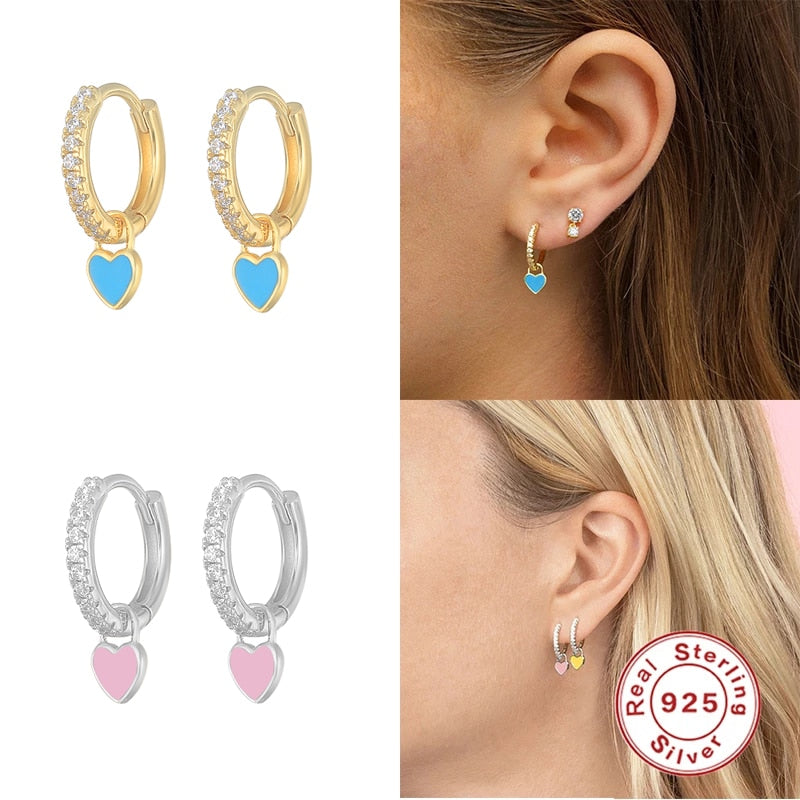 925 Sterling Silver Hoop Earrings With Cute Candy Neon Color Enamel Heart Charm Drop Earring Gold Silver Color For Girls