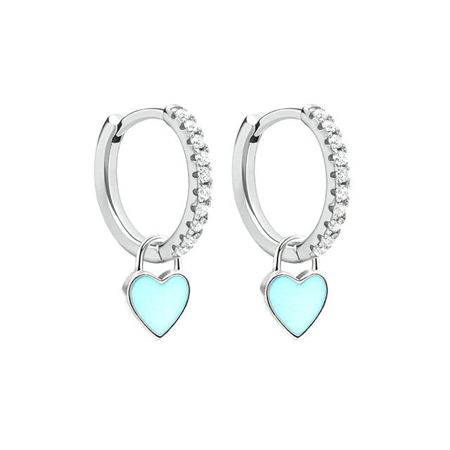 925 Sterling Silver Hoop Earrings With Cute Candy Neon Color Enamel Heart Charm Drop Earring Gold Silver Color For Girls