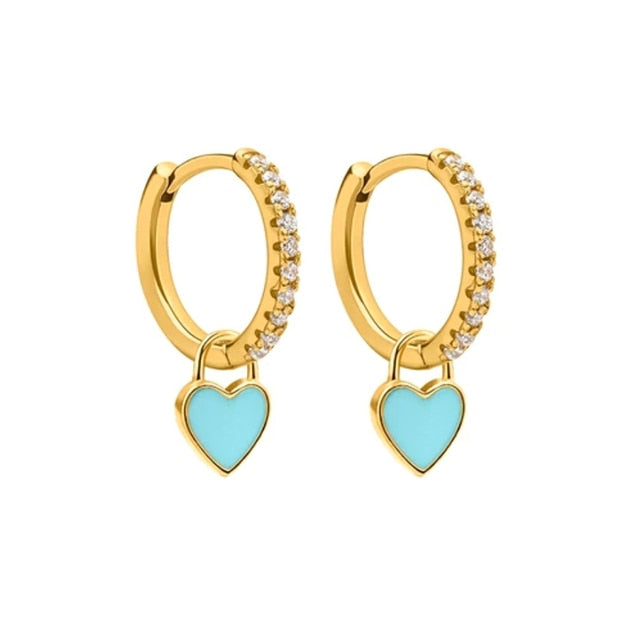 925 Sterling Silver Hoop Earrings With Cute Candy Neon Color Enamel Heart Charm Drop Earring Gold Silver Color For Girls