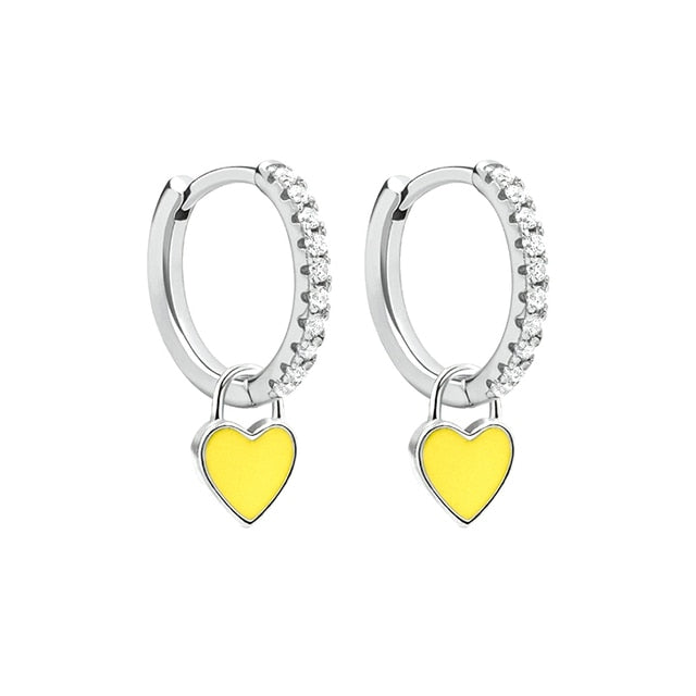 925 Sterling Silver Hoop Earrings With Cute Candy Neon Color Enamel Heart Charm Drop Earring Gold Silver Color For Girls