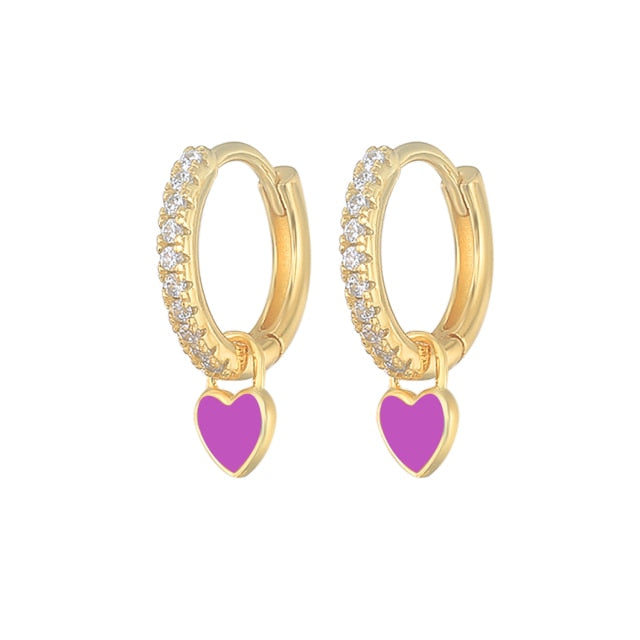 925 Sterling Silver Hoop Earrings With Cute Candy Neon Color Enamel Heart Charm Drop Earring Gold Silver Color For Girls