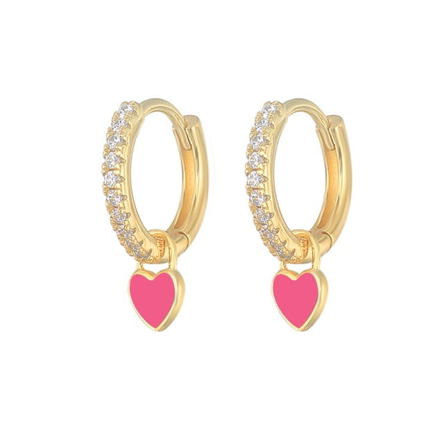 925 Sterling Silver Hoop Earrings With Cute Candy Neon Color Enamel Heart Charm Drop Earring Gold Silver Color For Girls