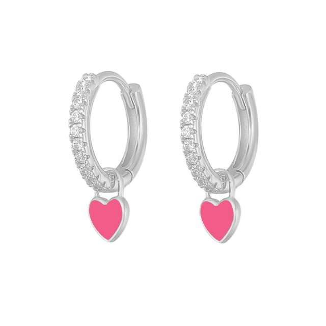 925 Sterling Silver Hoop Earrings With Cute Candy Neon Color Enamel Heart Charm Drop Earring Gold Silver Color For Girls