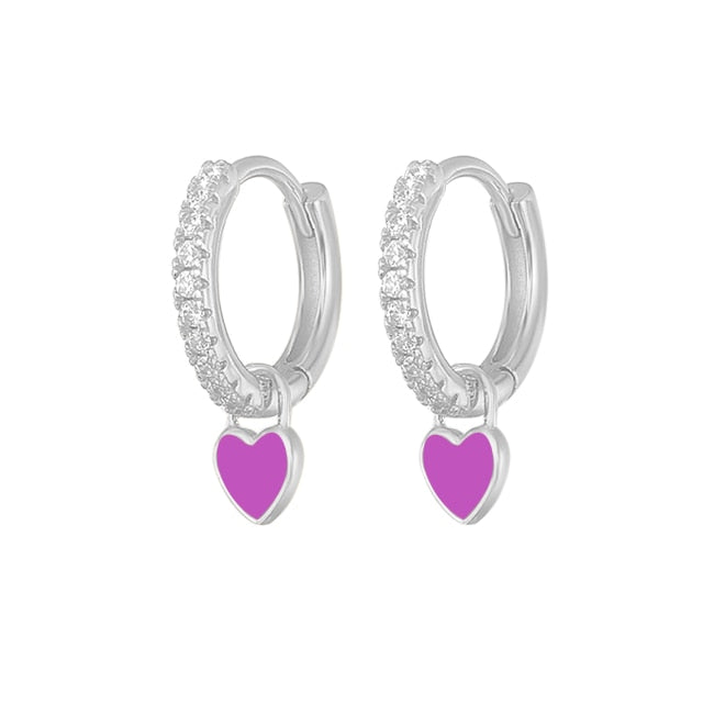 925 Sterling Silver Hoop Earrings With Cute Candy Neon Color Enamel Heart Charm Drop Earring Gold Silver Color For Girls